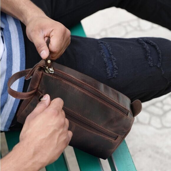 Rustic Town Buffalo Leather Toiletry Bag Vintage Travel Dope Kit Waterproof - Picture 7 of 7